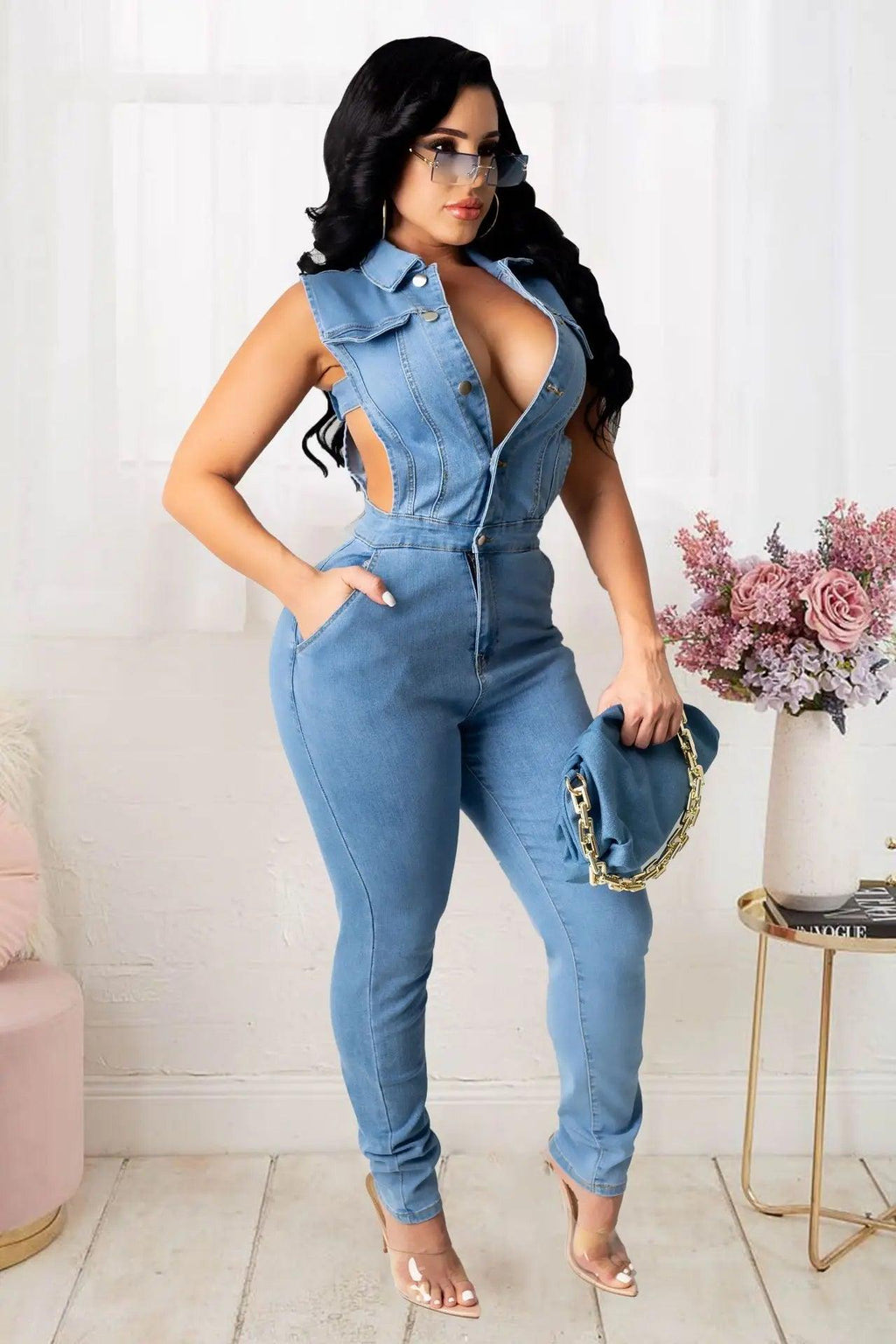 Women's Hollow Denim Jumpsuit - Sexy Skinny Jean Overalls