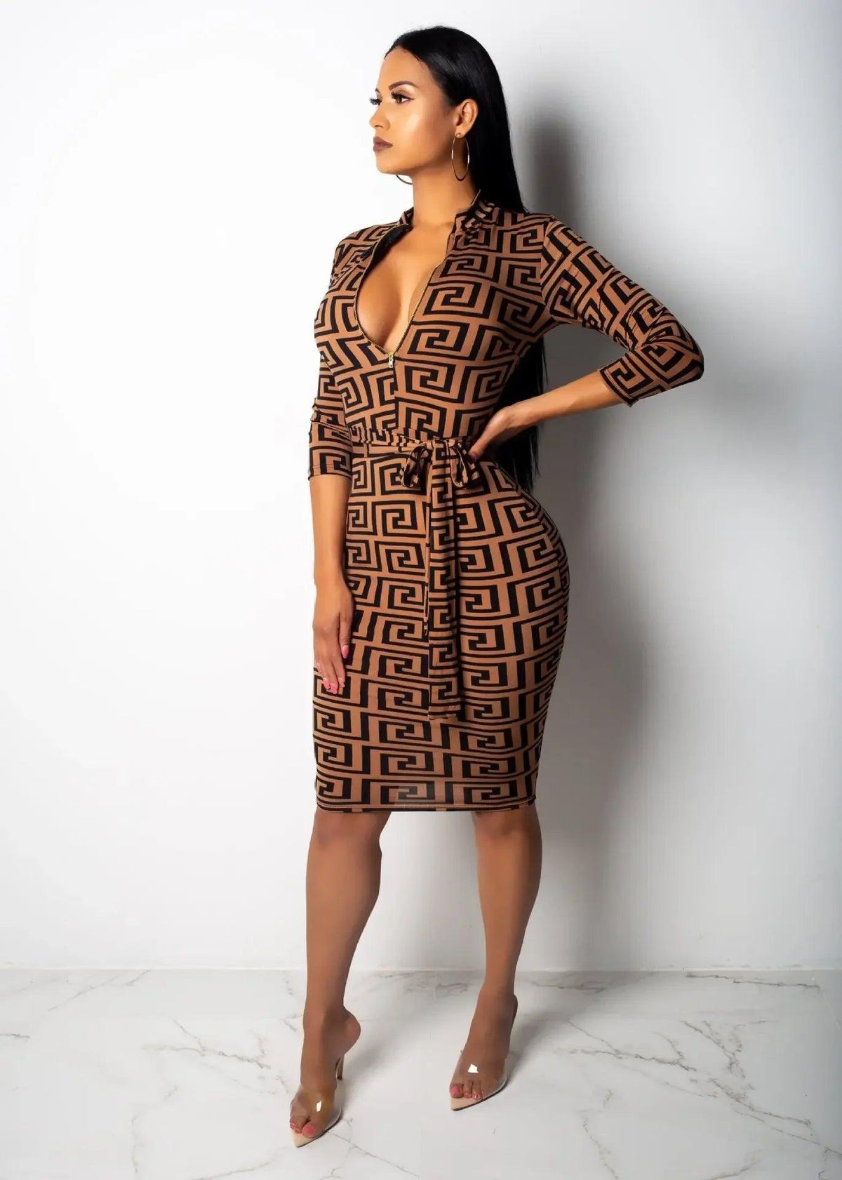 Women's Geometric Forest Print Maxi Dress - Deep V-Neck Vintage Gown