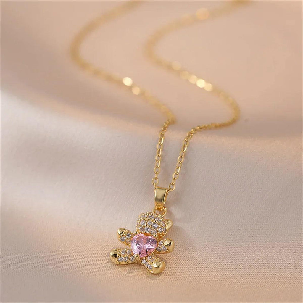 Sparkling Zircon Bear Pendant Necklace – Titanium Steel Lock Bone Chain for Women - Dazzling Beauty Solution