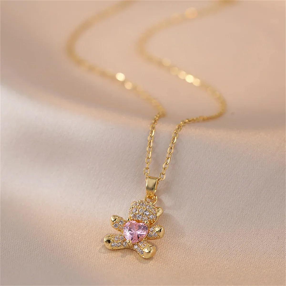 Sparkling Zircon Bear Pendant Necklace – Titanium Steel Lock Bone Chain for Women - Dazzling Beauty Solution