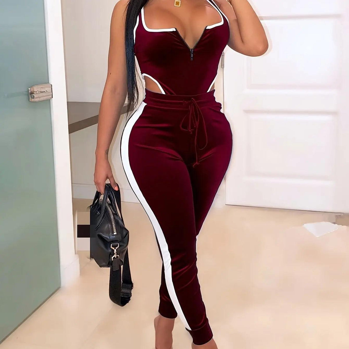 Women's Sexy Cutout Bodysuit & High Waist Pants Set - 2-Piece Festival Outfit