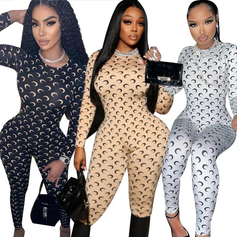 Women's Moon Print Jumpsuit - Sexy Slim Fit Long Sleeve Bodysuit