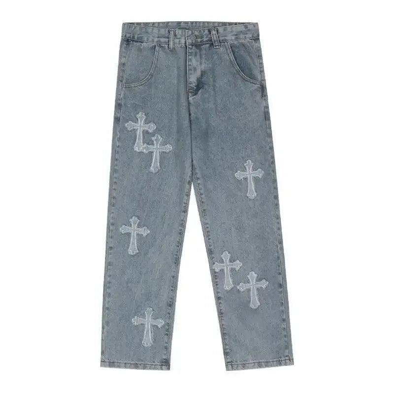 Men’s Loose Fit White Jeans – Y2K Cross Design - Dazzling Beauty Solution