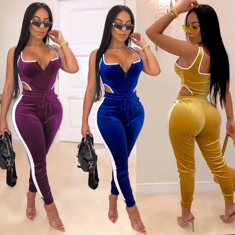 Women's Sexy Cutout Bodysuit & High Waist Pants Set - 2-Piece Festival Outfit