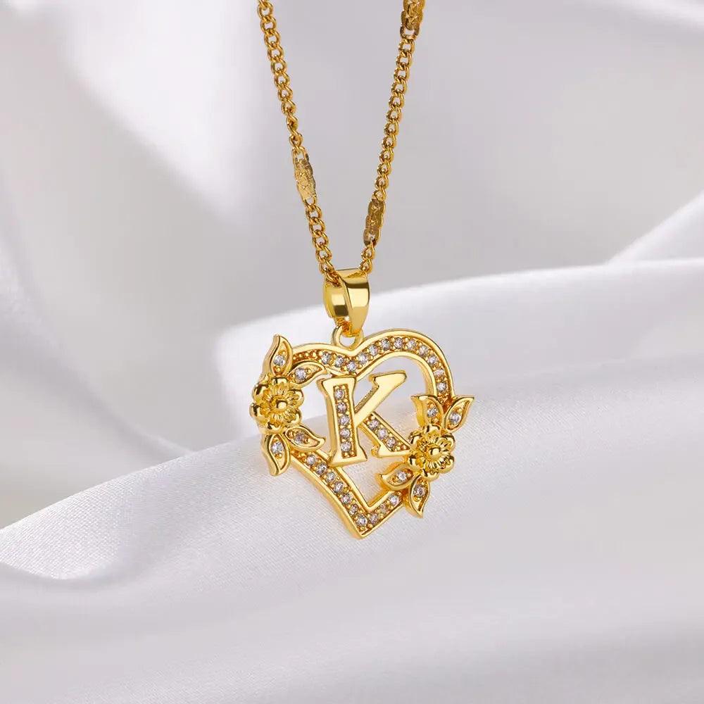 Personalized Gold Initials Heart Necklace – Stainless Steel with Zircon Flower Charm - Dazzling Beauty Solution