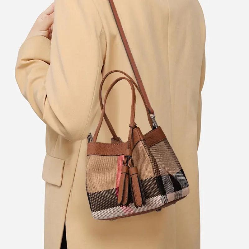 Aidrani Women's Plaid Canvas Cowhide Small Handbag Caramel - Dazzling Beauty Solution