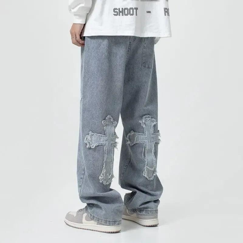 Men’s Loose Fit White Jeans – Y2K Cross Design - Dazzling Beauty Solution