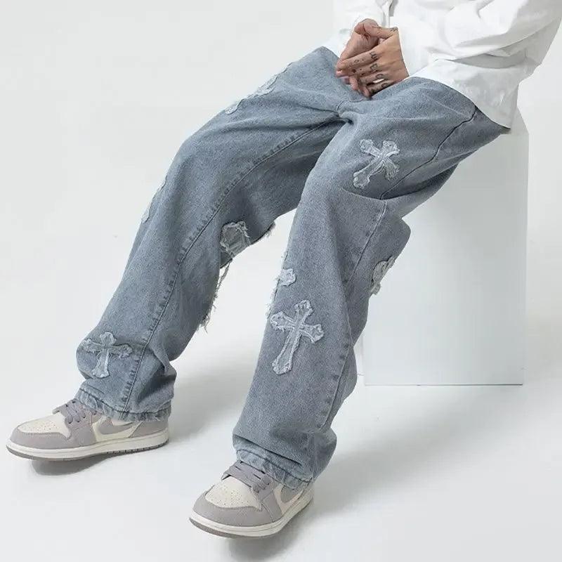 Men’s Loose Fit White Jeans – Y2K Cross Design - Dazzling Beauty Solution