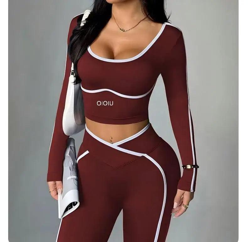 Color-Contrasting Yoga Set – Long Sleeve V-Waist Hip-Slimming Pants