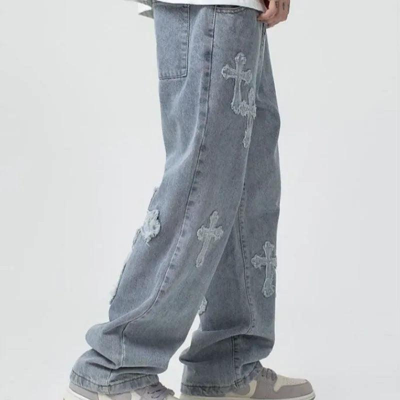 Men’s Loose Fit White Jeans – Y2K Cross Design - Dazzling Beauty Solution