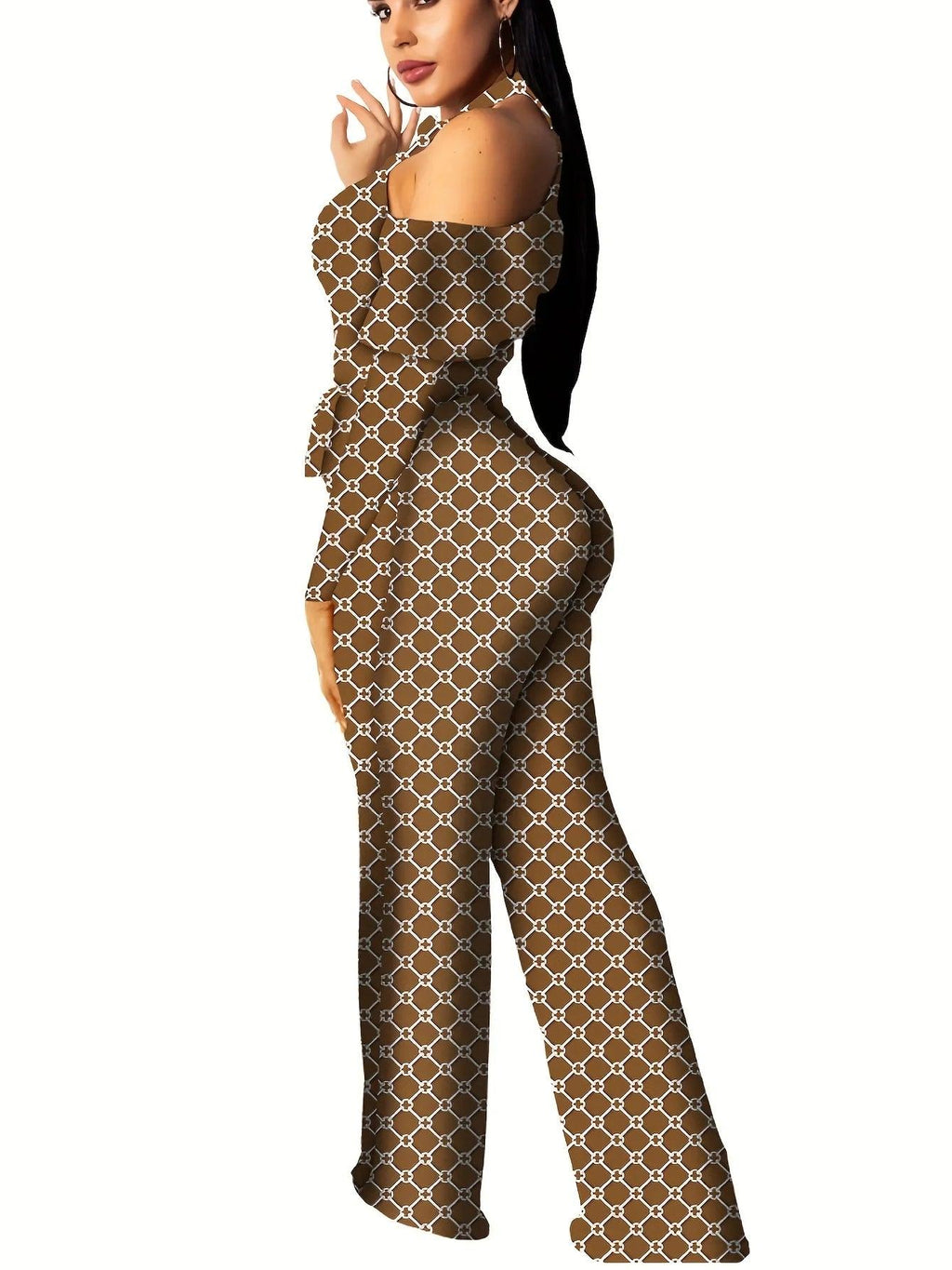 Women's Plaid Off-Shoulder Jumpsuit - Belted Wide Leg Romper