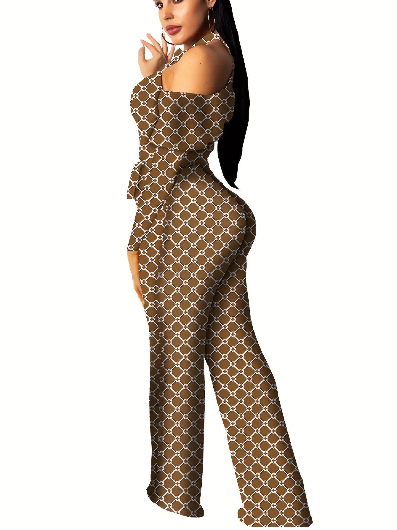 Women's Plaid Off-Shoulder Jumpsuit - Belted Wide Leg Romper