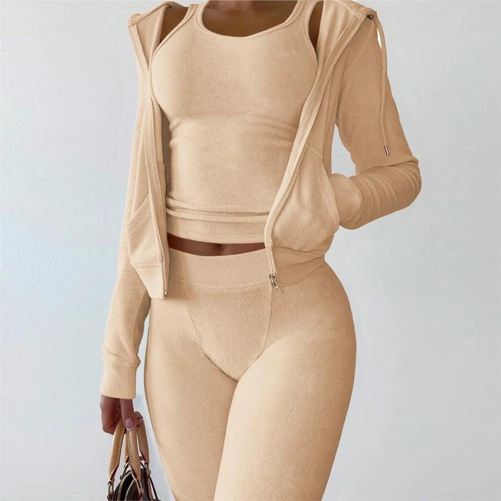 Women's Luxe Velvet 3-Piece Set - Hooded Sweatshirt, Vest & Pants