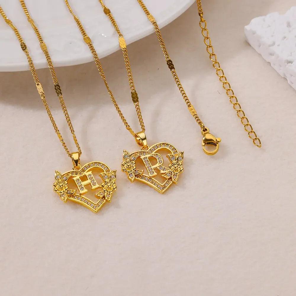 Personalized Gold Initials Heart Necklace – Stainless Steel with Zircon Flower Charm - Dazzling Beauty Solution