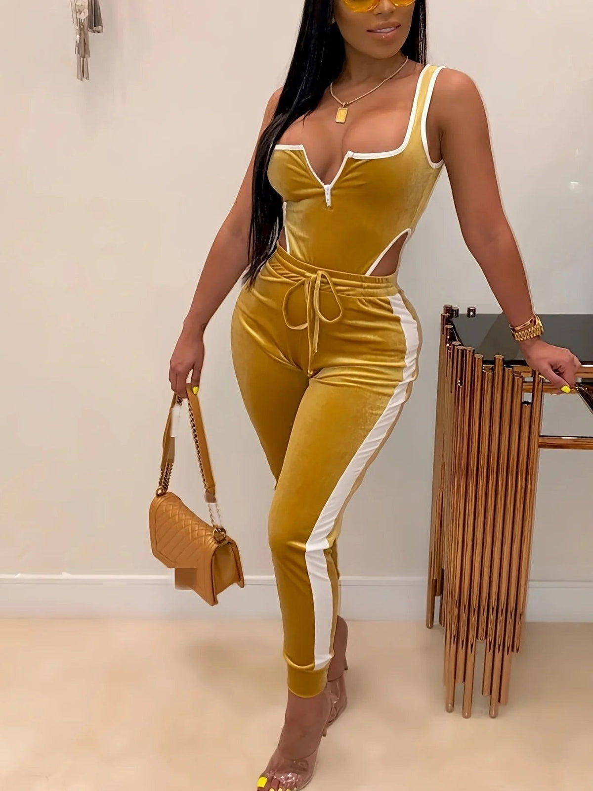 Women's Sexy Cutout Bodysuit & High Waist Pants Set - 2-Piece Festival Outfit