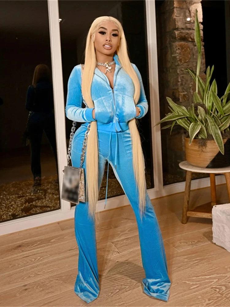 Kliou Velour Two-Piece Set | Zip Turtleneck Top & Wide Leg Pants | 5 Colors | S-L