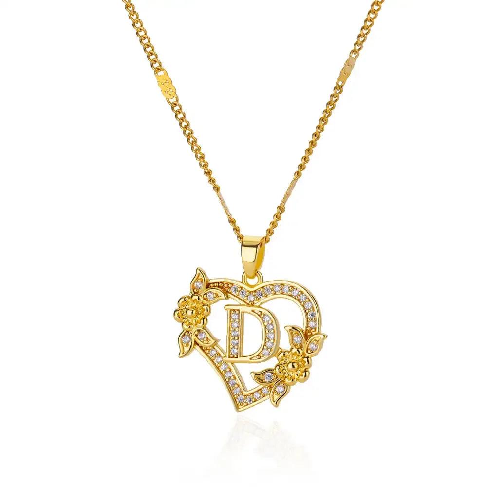 Personalized Gold Initials Heart Necklace – Stainless Steel with Zircon Flower Charm - Dazzling Beauty Solution