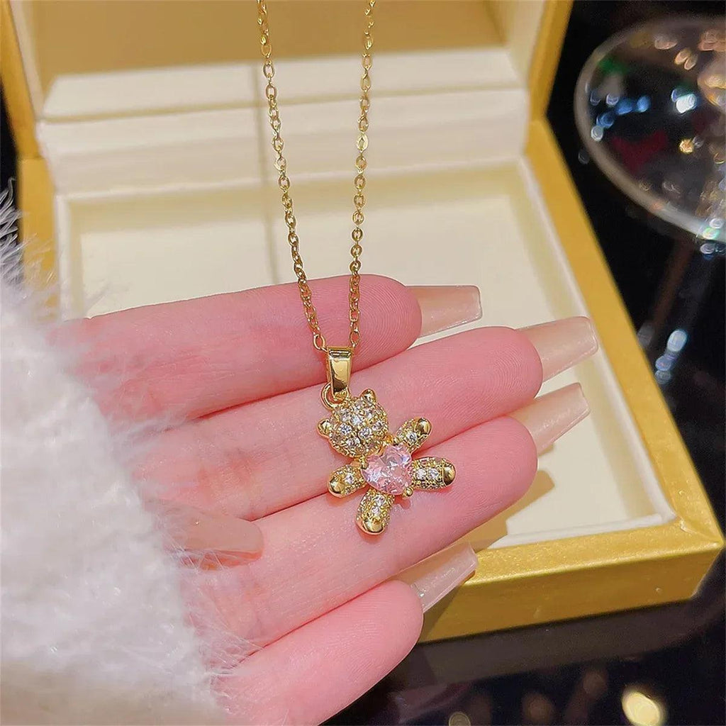Sparkling Zircon Bear Pendant Necklace – Titanium Steel Lock Bone Chain for Women - Dazzling Beauty Solution