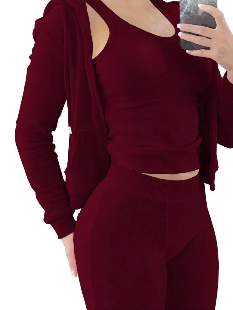 Women's Luxe Velvet 3-Piece Set - Hooded Sweatshirt, Vest & Pants