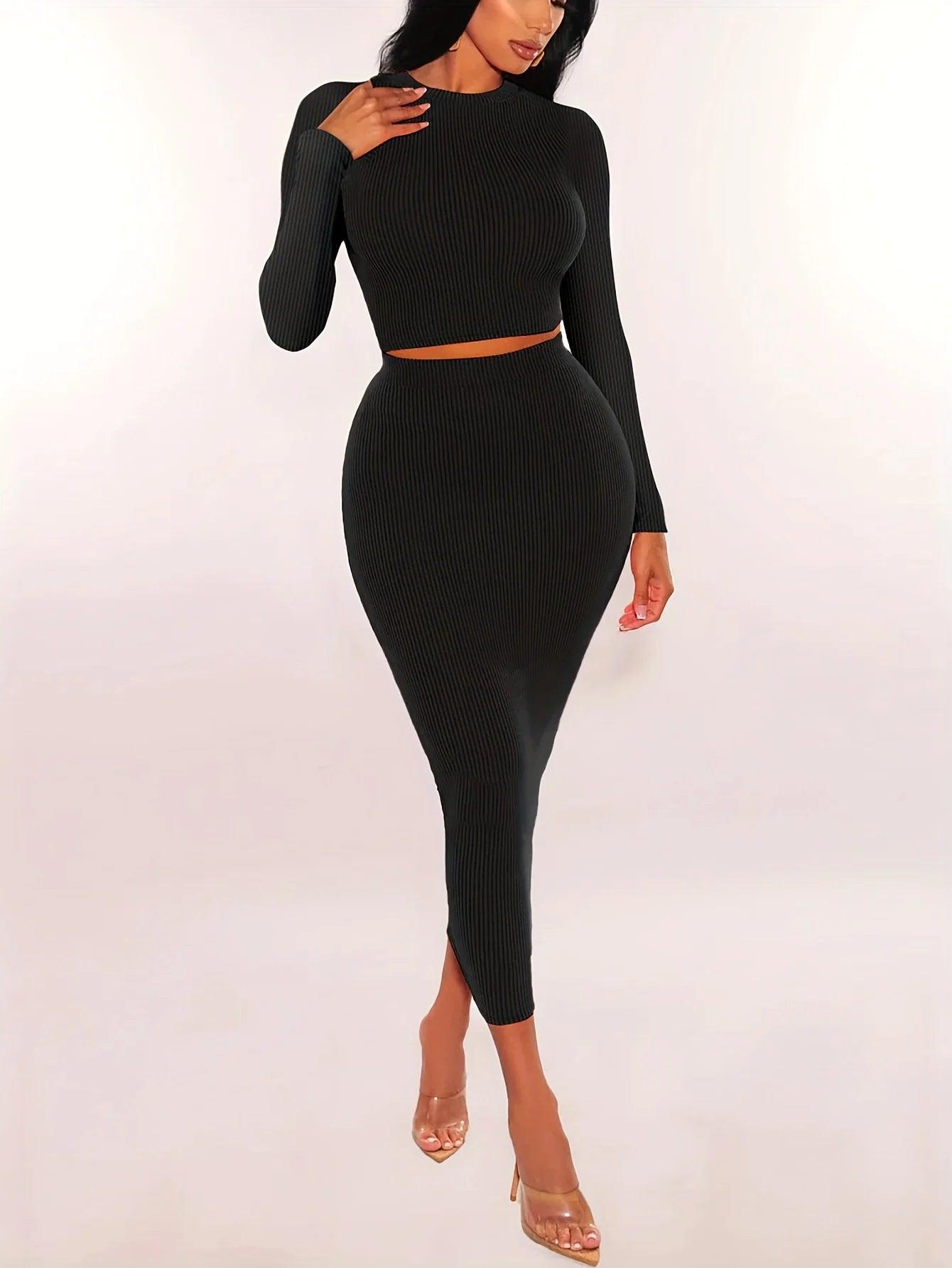 Women's Knit Two-Piece Set | Long Sleeve Crop Top & Bodycon Skirt | S–XXL