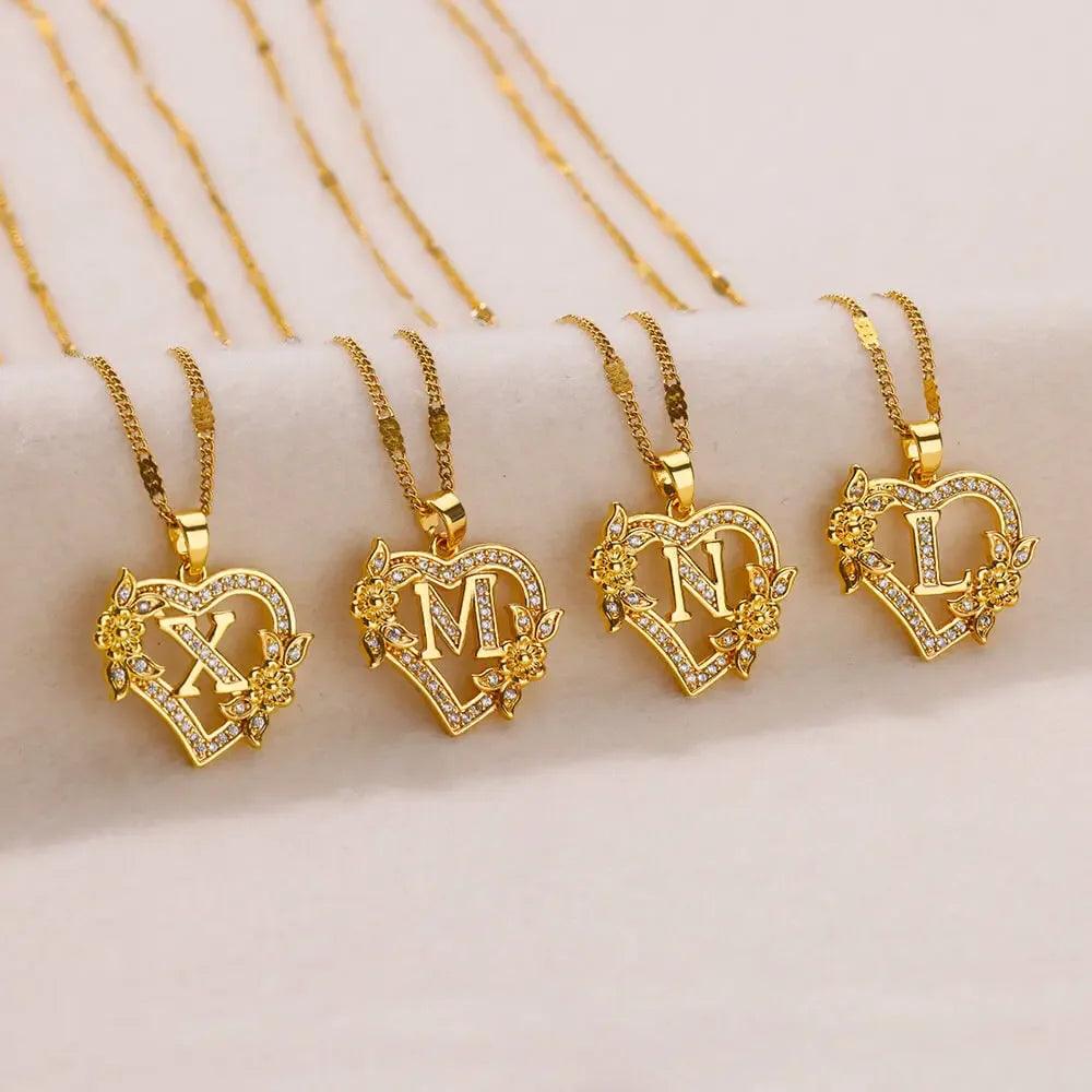 Personalized Gold Initials Heart Necklace – Stainless Steel with Zircon Flower Charm - Dazzling Beauty Solution