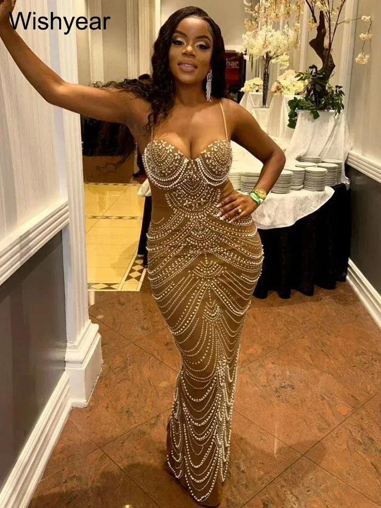 Rhinestone & Pearl Formal Evening Gown – Brown & Black - Dazzling Beauty Solution