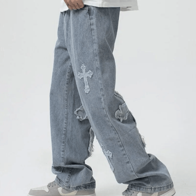 Men’s Loose Fit White Jeans – Y2K Cross Design - Dazzling Beauty Solution