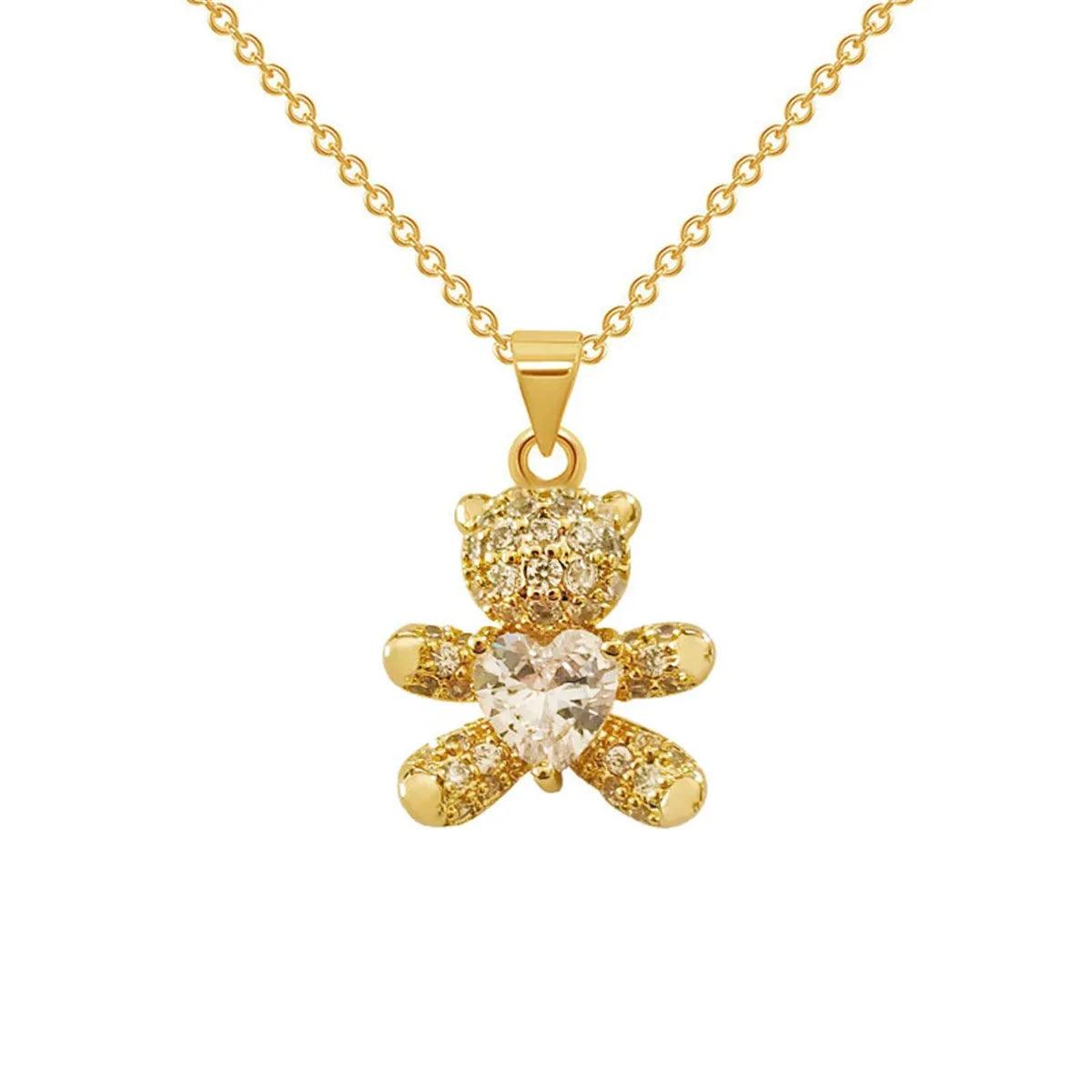 Sparkling Zircon Bear Pendant Necklace – Titanium Steel Lock Bone Chain for Women - Dazzling Beauty Solution