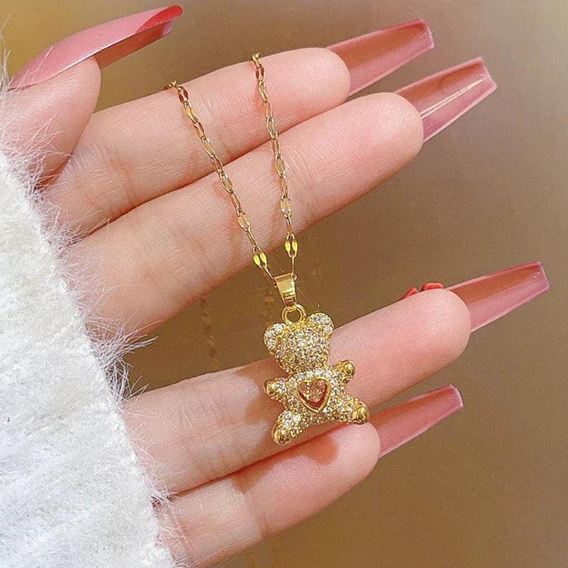 Lovely Bear Pendant Necklace – Golden Titanium Stainless Steel Jewelry for Women - Dazzling Beauty Solution