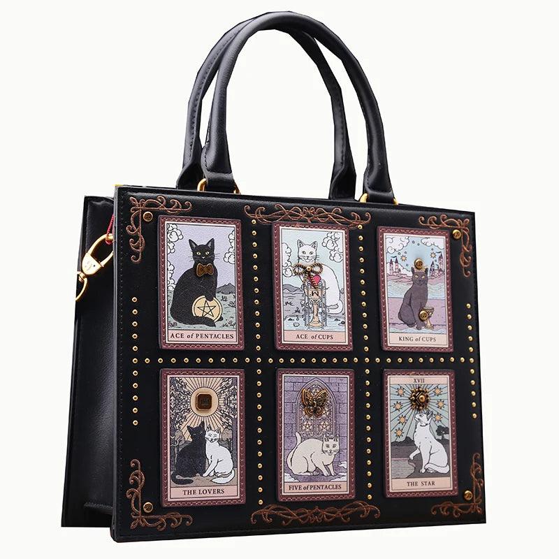 Vintage Luxury Embroidery Cat Tote Bag | Large Capacity Designer Handbag | Beige & Black