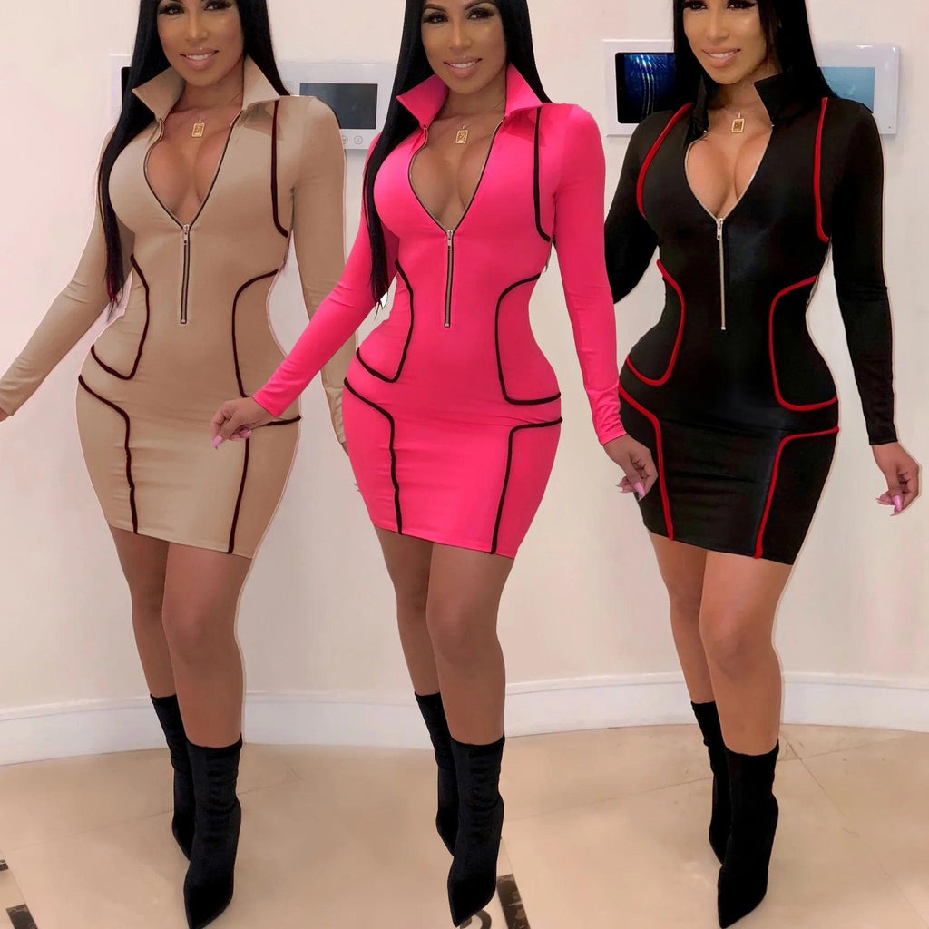 Women's Zipper Bodycon Mini Dress - Stand Collar Party Dress