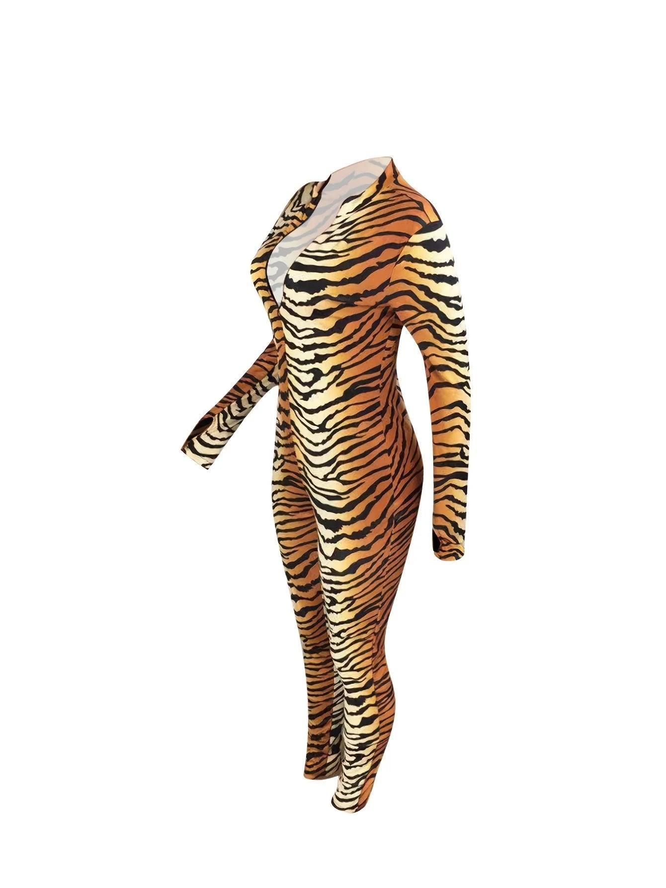 Women's Tiger Print Bodycon Jumpsuit - Sexy V-Neck Club Outfit