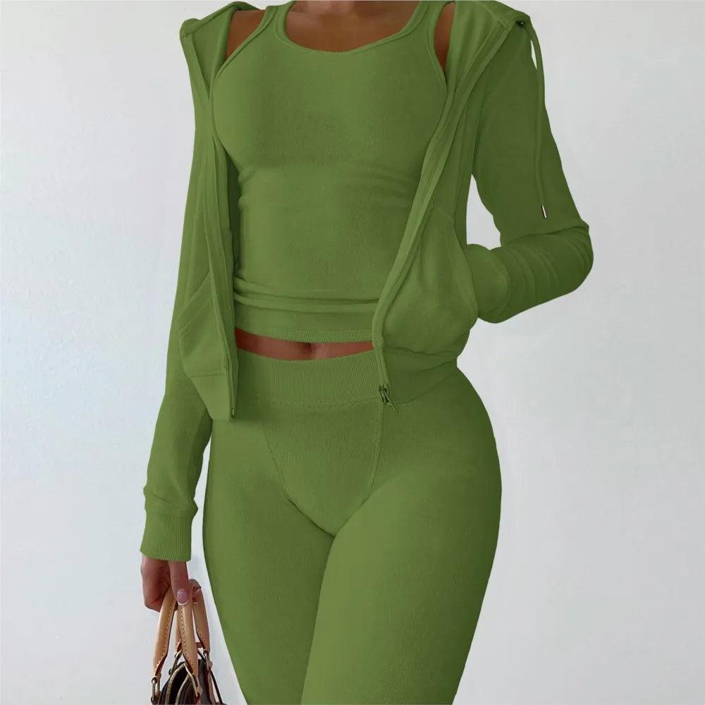Women's Luxe Velvet 3-Piece Set - Hooded Sweatshirt, Vest & Pants