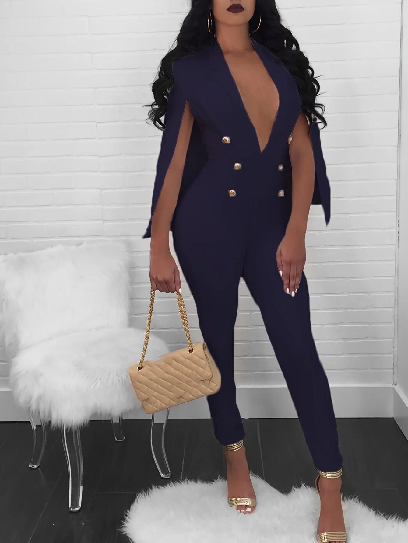 Women's Jumpsuit with Cape - Deep V-Neck Trouser Suit