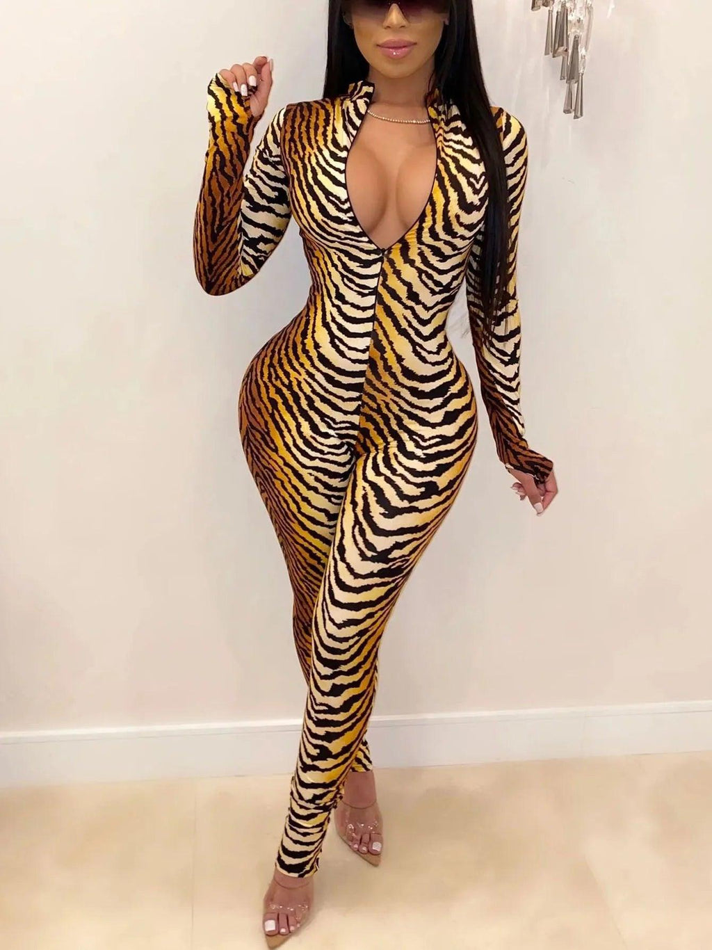Women's Tiger Print Bodycon Jumpsuit - Sexy V-Neck Club Outfit