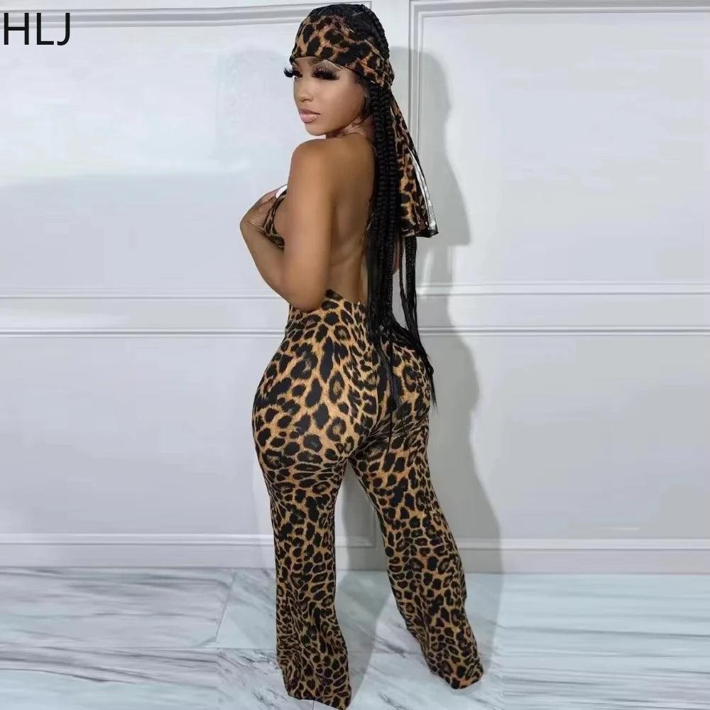 Women's Leopard Print Jumpsuit with Scarf - Wide Leg Bodycon Playsuit