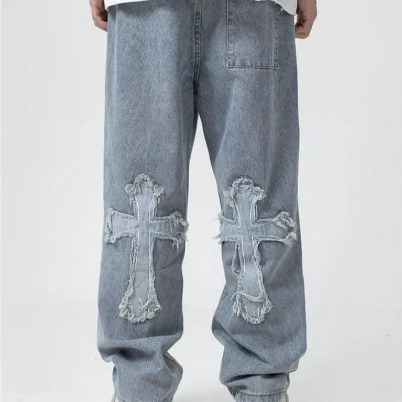 Men’s Loose Fit White Jeans – Y2K Cross Design - Dazzling Beauty Solution