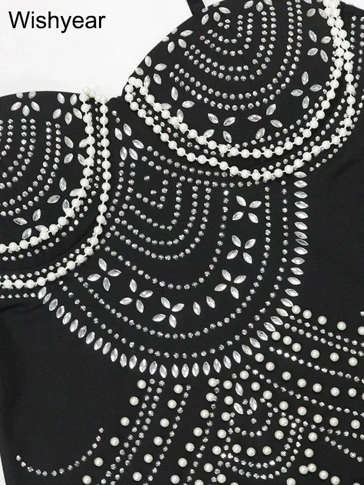 Rhinestone & Pearl Formal Evening Gown – Brown & Black - Dazzling Beauty Solution