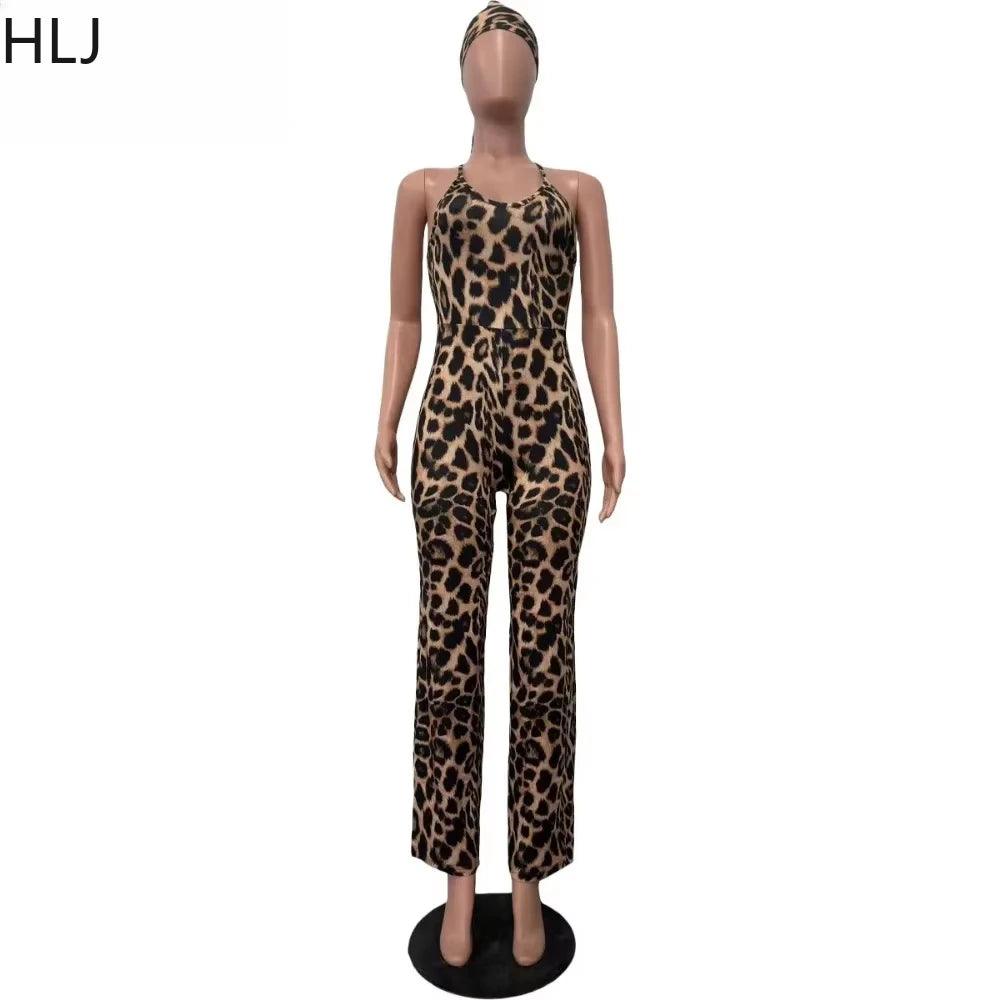 Women's Leopard Print Jumpsuit with Scarf - Wide Leg Bodycon Playsuit