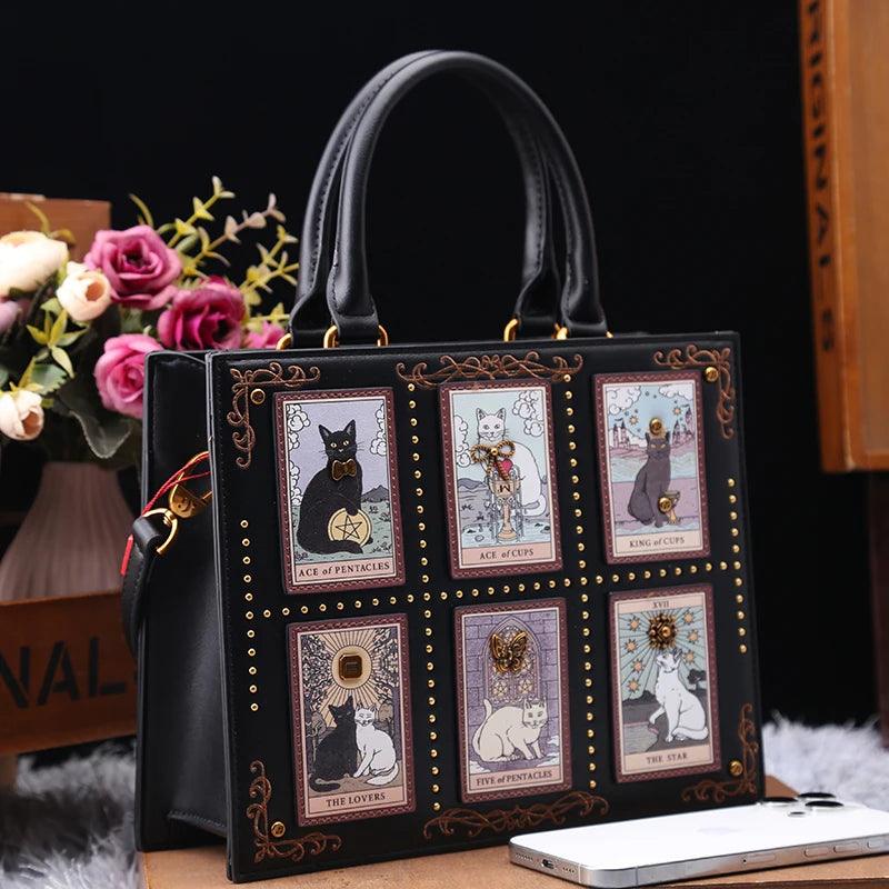 Vintage Luxury Embroidery Cat Tote Bag | Large Capacity Designer Handbag | Beige & Black