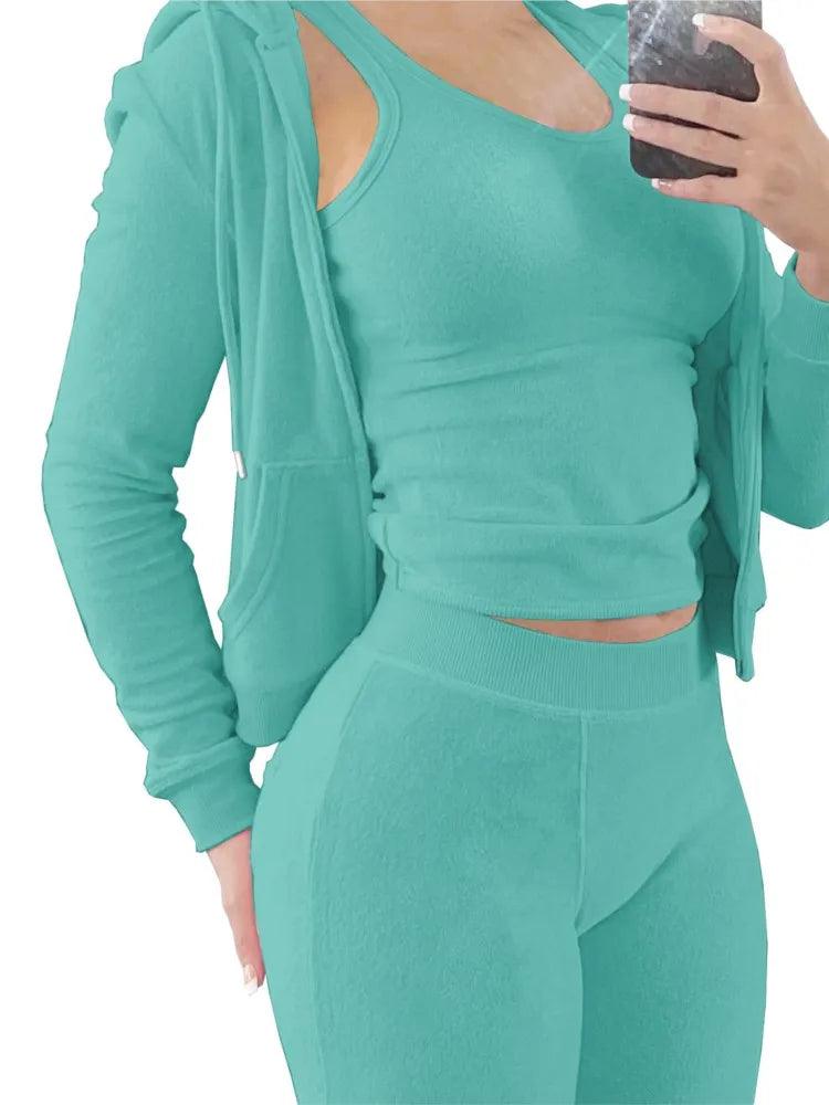 Women's Luxe Velvet 3-Piece Set - Hooded Sweatshirt, Vest & Pants