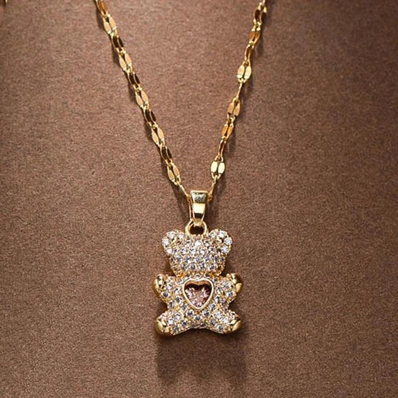 Lovely Bear Pendant Necklace – Golden Titanium Stainless Steel Jewelry for Women - Dazzling Beauty Solution