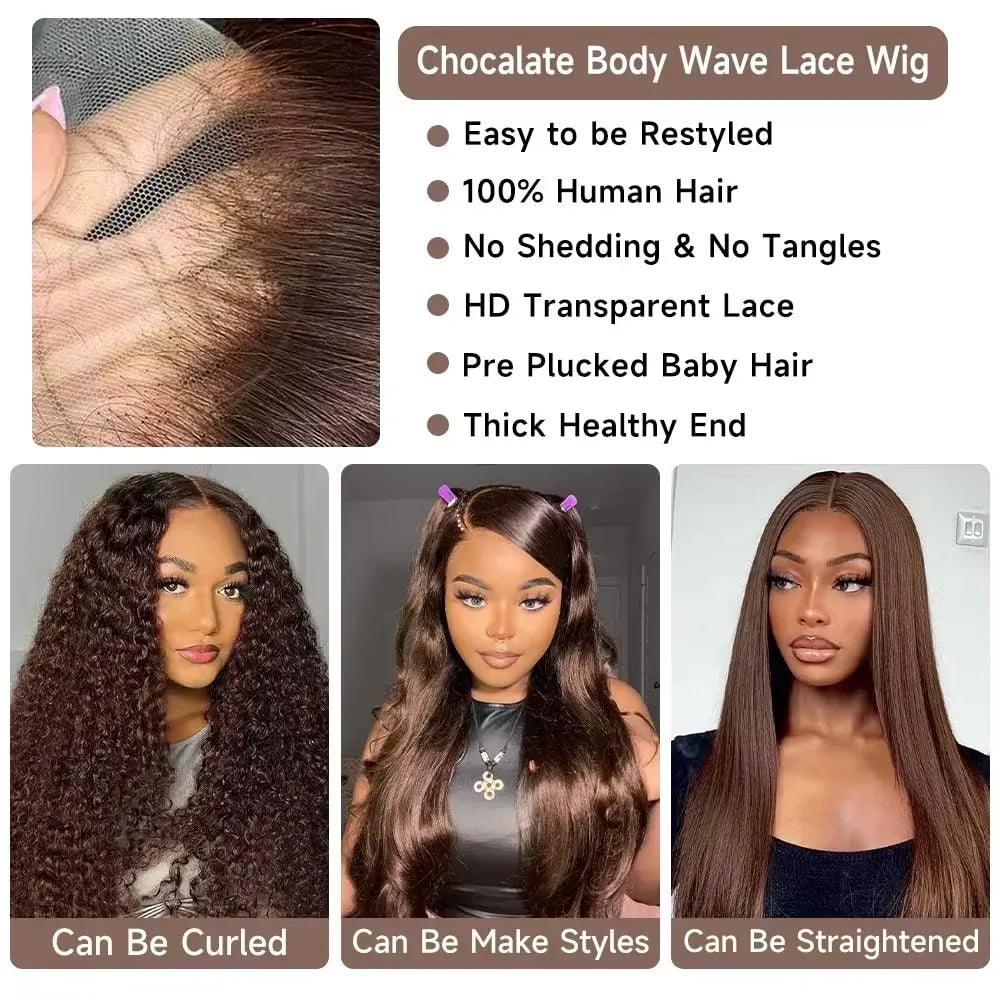 Chocolate Brown Body Wave HD Lace Front Wig – 13x6 Human Hair, 46 Inch - Dazzling Beauty Solution