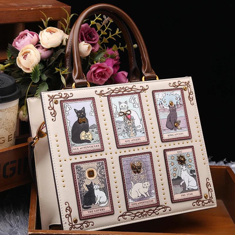 Vintage Luxury Embroidery Cat Tote Bag | Large Capacity Designer Handbag | Beige & Black
