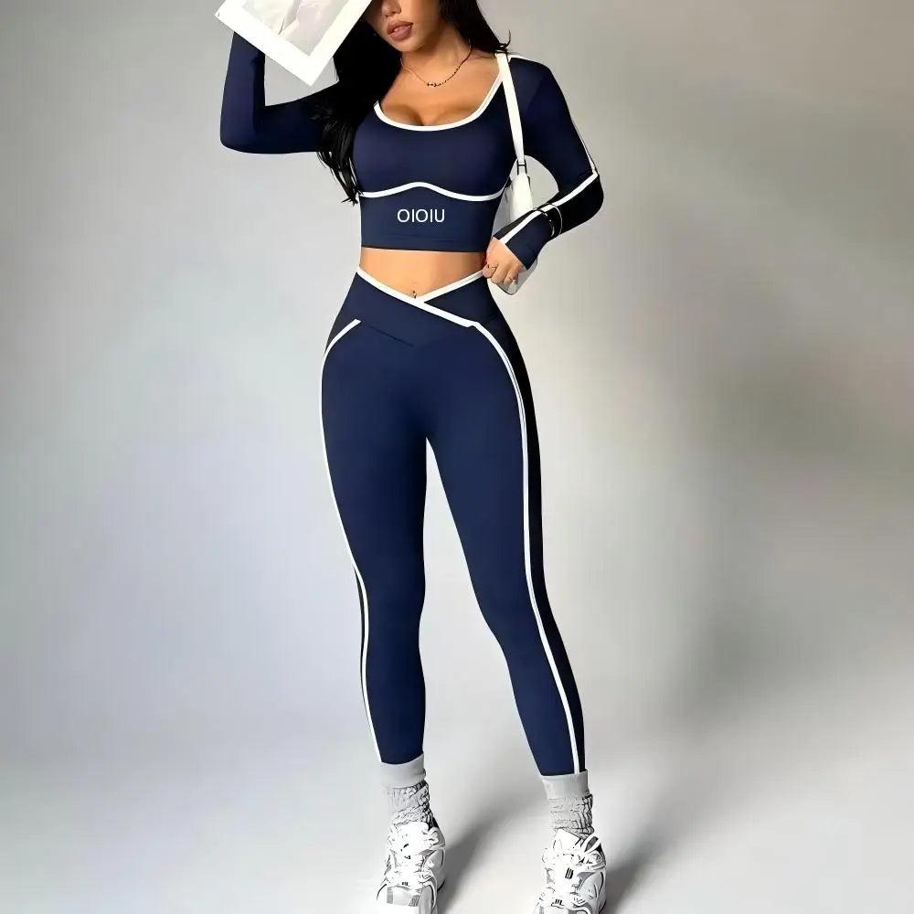 Color-Contrasting Yoga Set – Long Sleeve V-Waist Hip-Slimming Pants