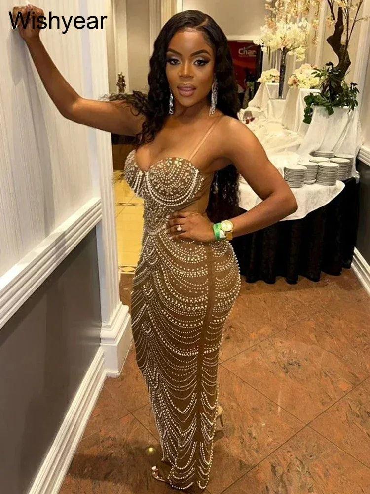 Rhinestone & Pearl Formal Evening Gown – Brown & Black - Dazzling Beauty Solution