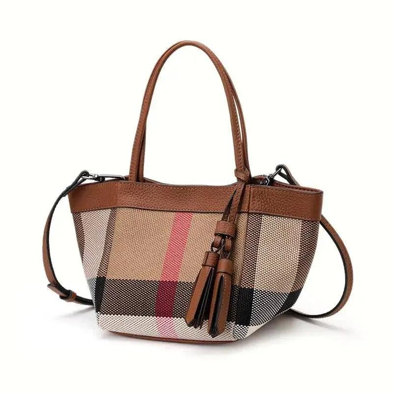 Aidrani Women's Plaid Canvas Cowhide Small Handbag Caramel - Dazzling Beauty Solution