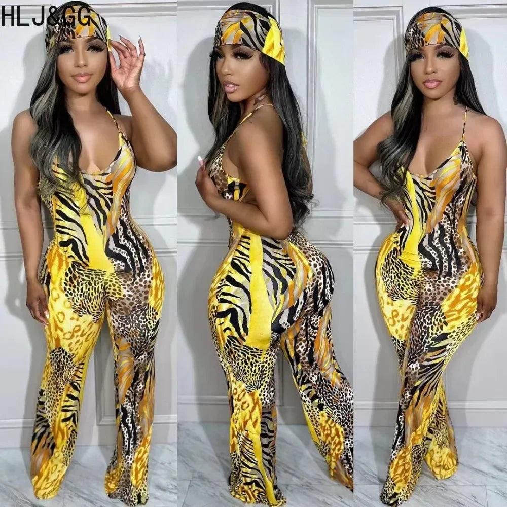 Women's Leopard Print Jumpsuit with Scarf - Wide Leg Bodycon Playsuit