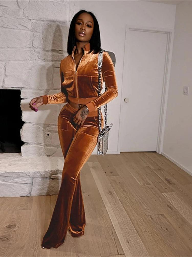 Kliou Velour Two-Piece Set | Zip Turtleneck Top & Wide Leg Pants | 5 Colors | S-L