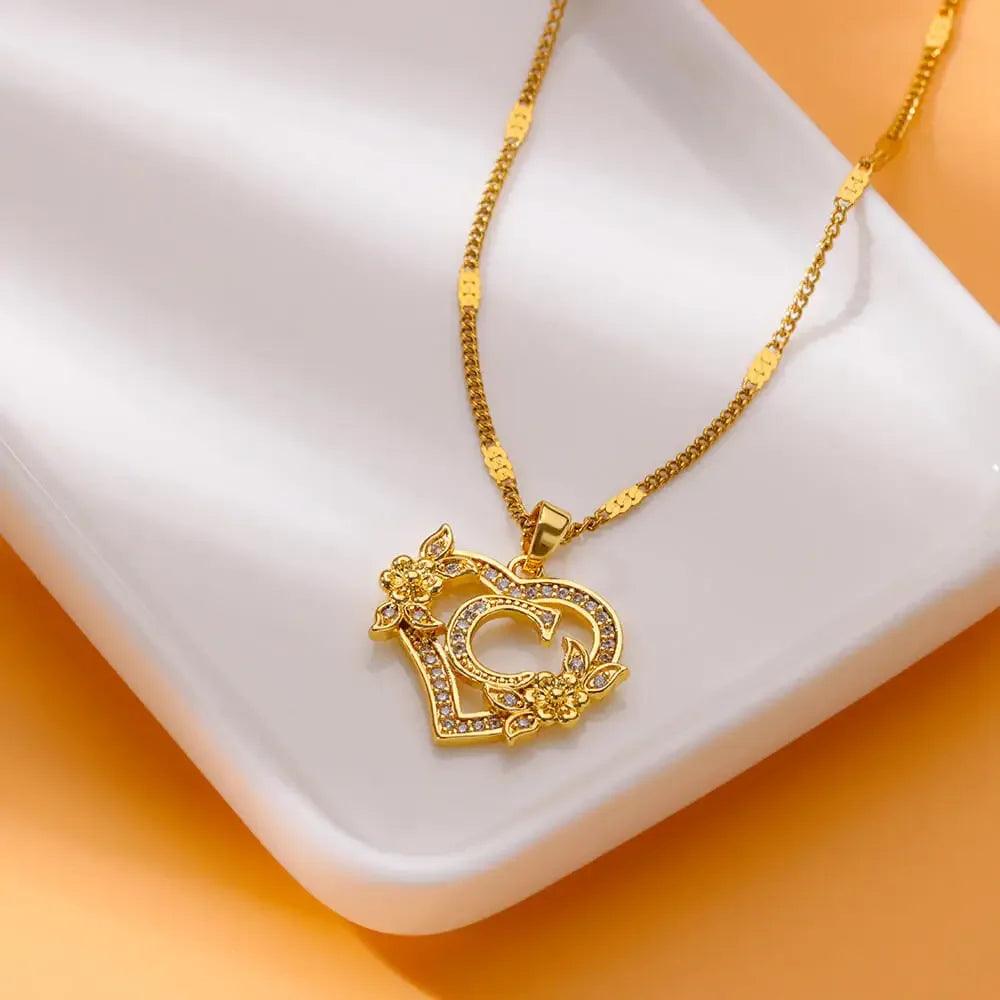 Personalized Gold Initials Heart Necklace – Stainless Steel with Zircon Flower Charm - Dazzling Beauty Solution